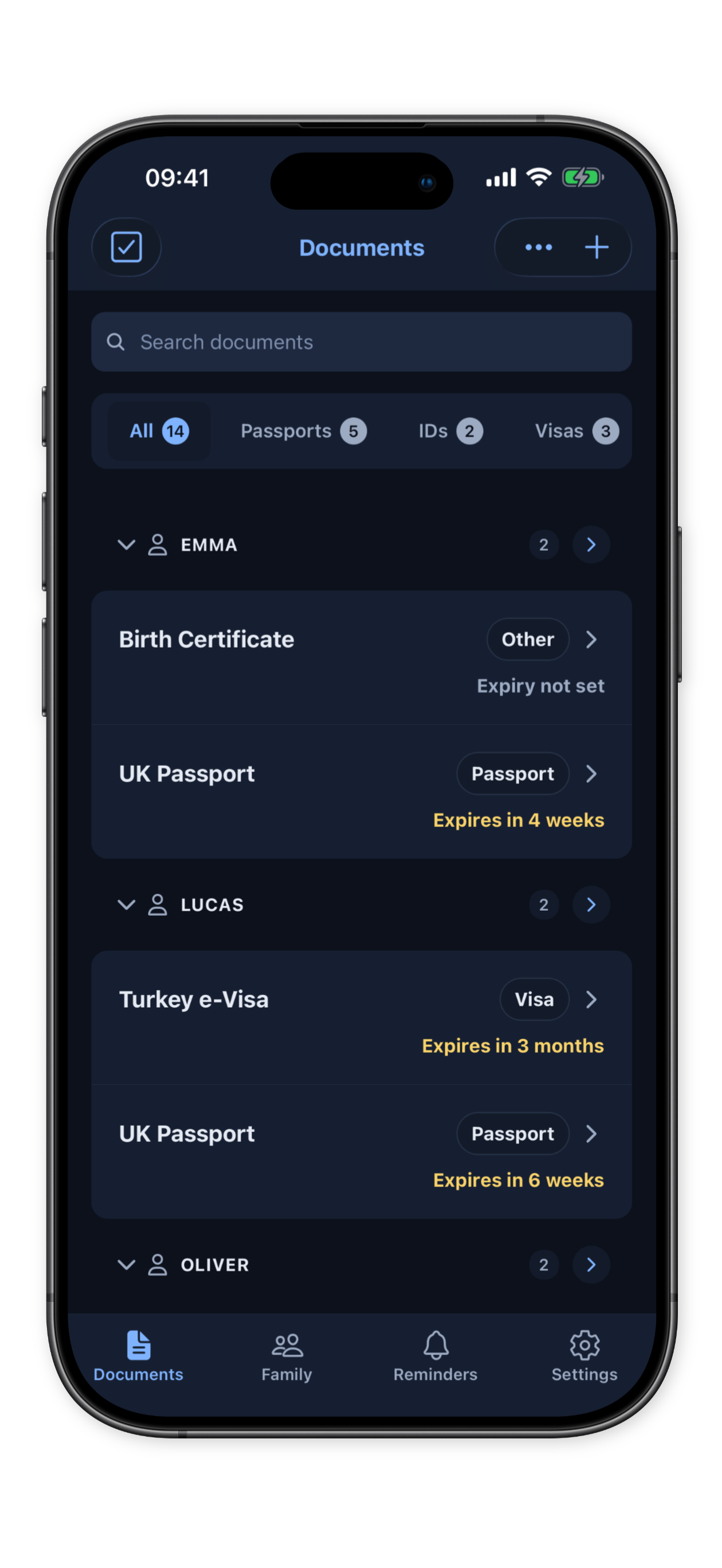 Documents list showing family profiles with expiry dates