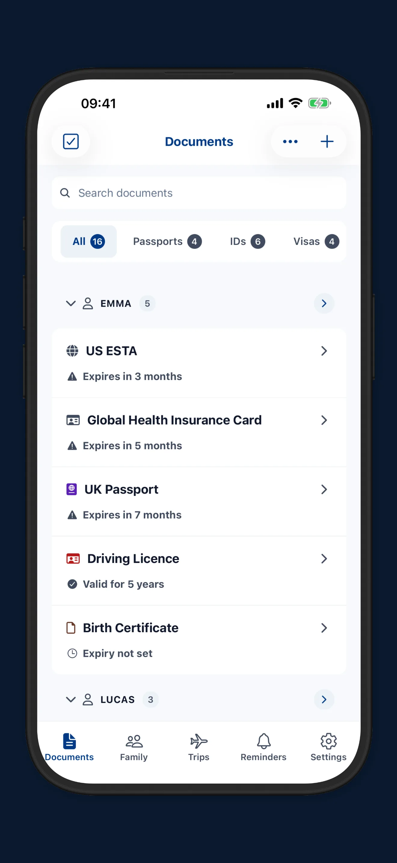 App home screen showing all travel documents ready at a glance