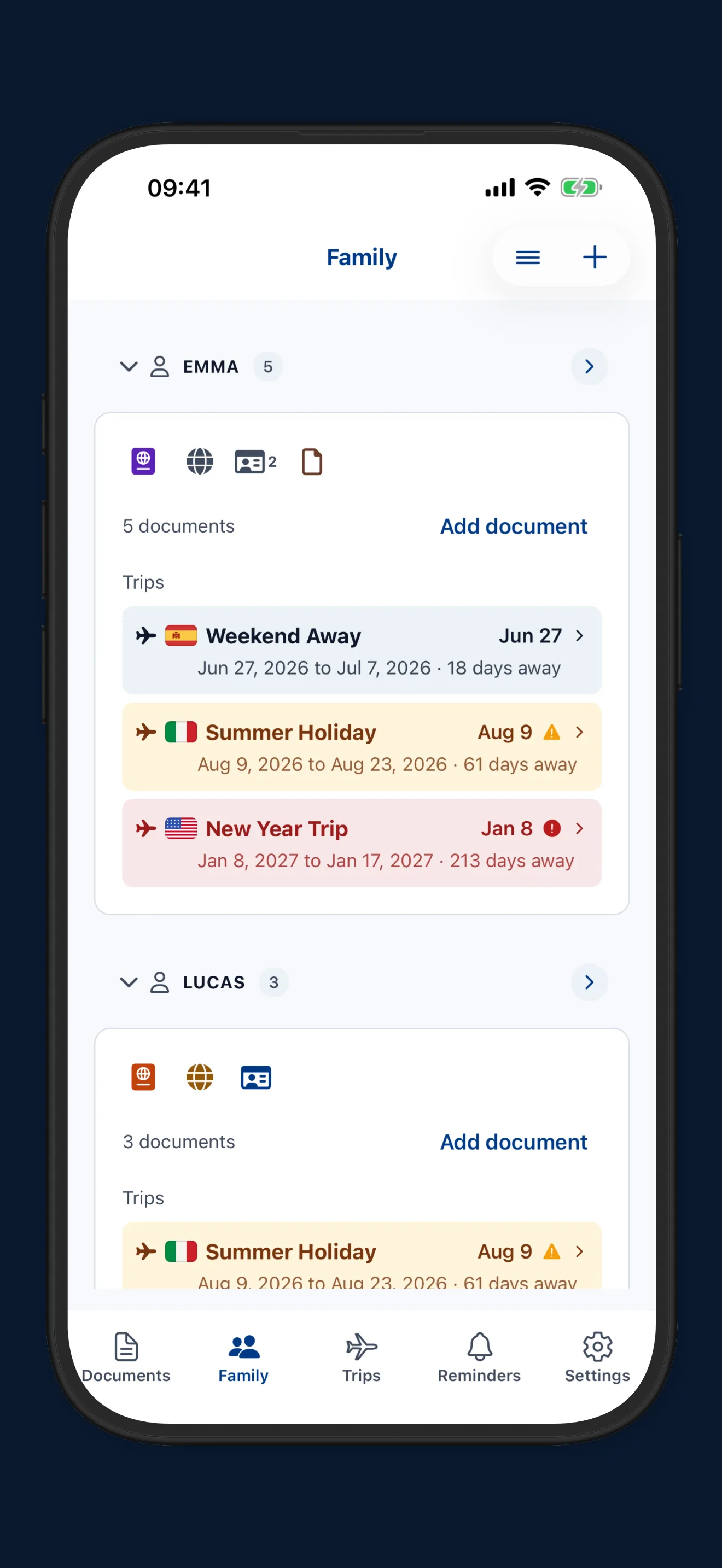 Family profiles showing documents for every member in one place