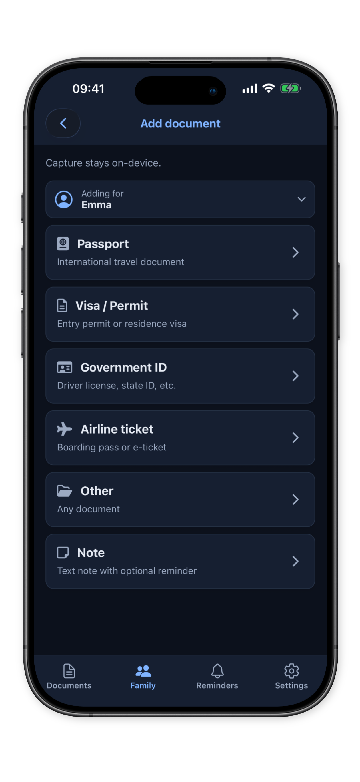 Document types including passport, visa, ID, airline ticket
