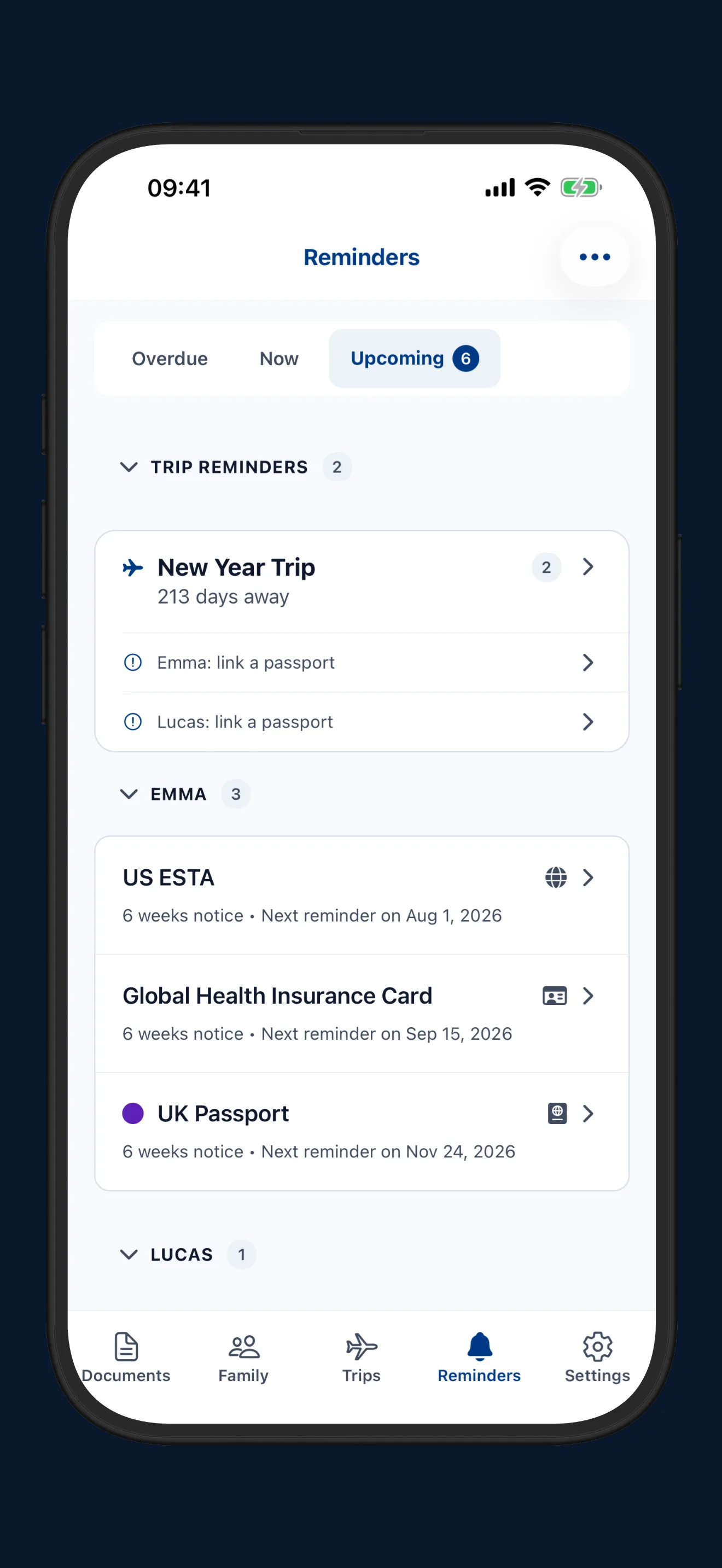 Visa tracker showing days remaining in each country for each traveller