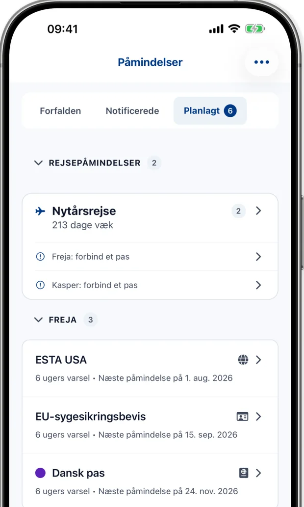 Påmindelsesskærm som viser kommende advarsler med ugers varsel for hver person