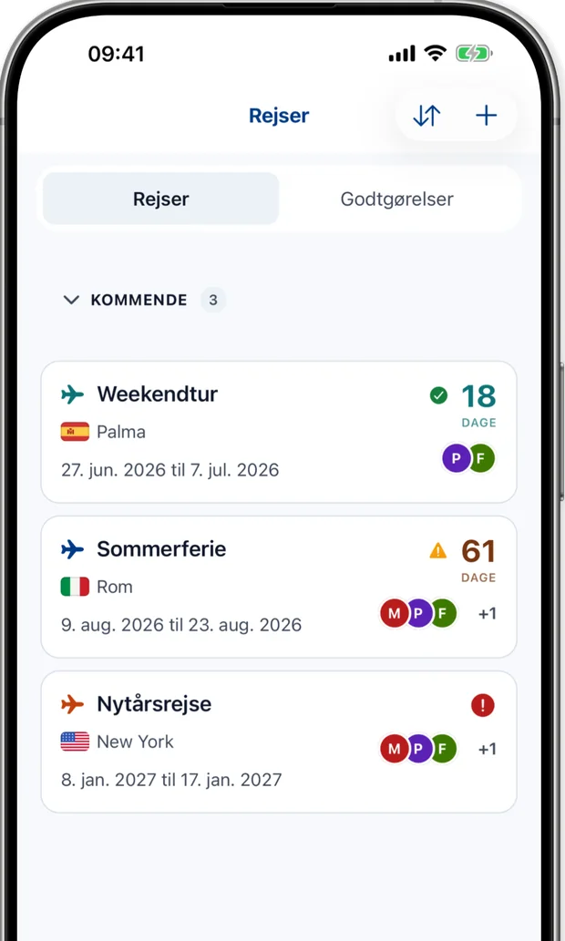 Rejseskærm som viser kommende rejser, hver med en klar, check eller handling påkrævet tilstand