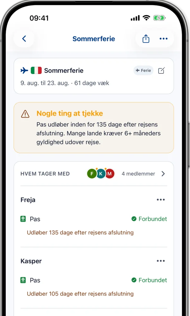 Rejseskærm advarsel om at pas udløber inden 135 dage efter rejsen slutter