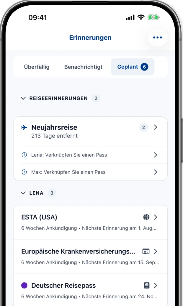 Bildschirm Meldungen mit einer Liste anstehender Benachrichtigungen und Wochen Vorlaufzeit für jede Person