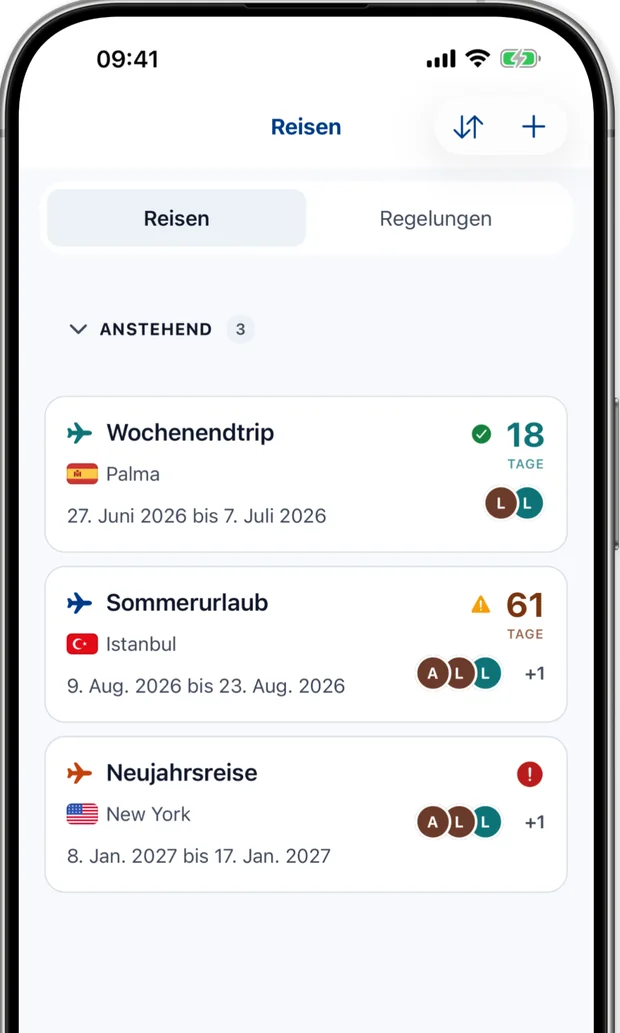 Bildschirm Reisen mit einer Liste anstehender Reisen und ihrem Status (bereit, prüfen oder Aktion erforderlich)