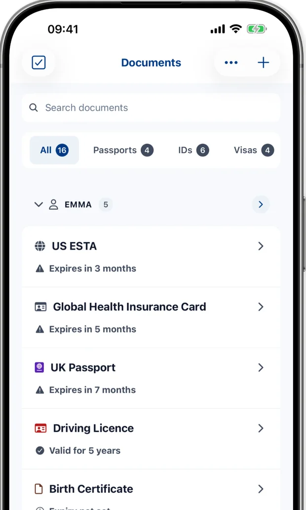 Documents screen listing a passport, an ID and a visa, each showing how long it has left