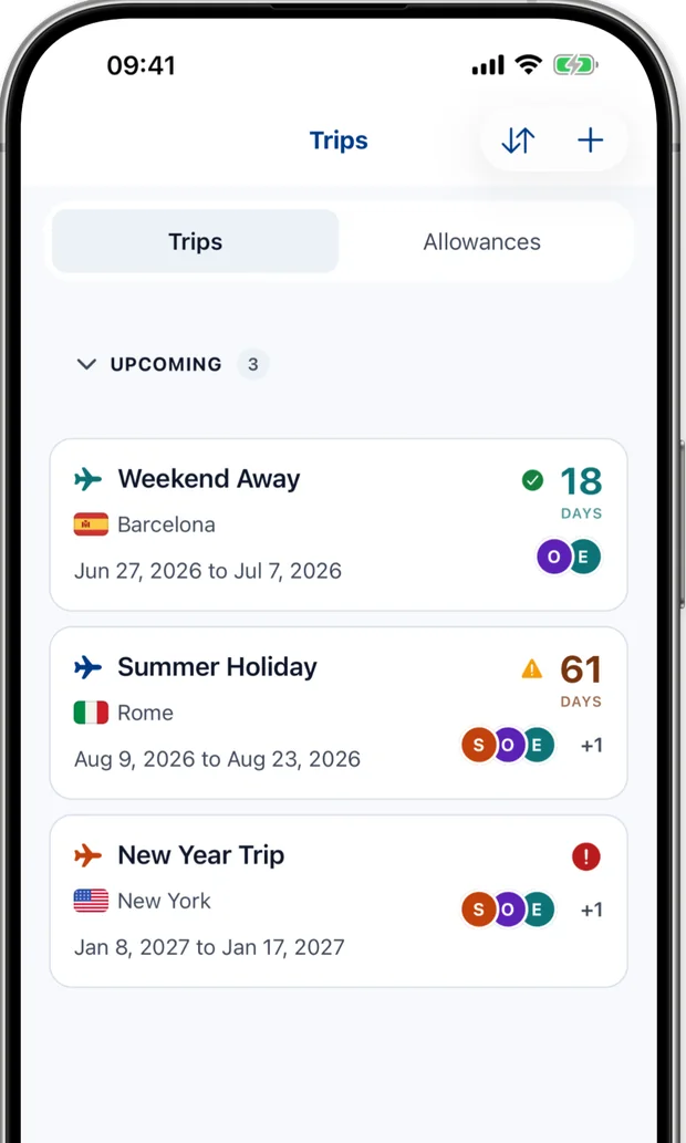 Trips screen listing upcoming trips, each with a ready, check or action needed state