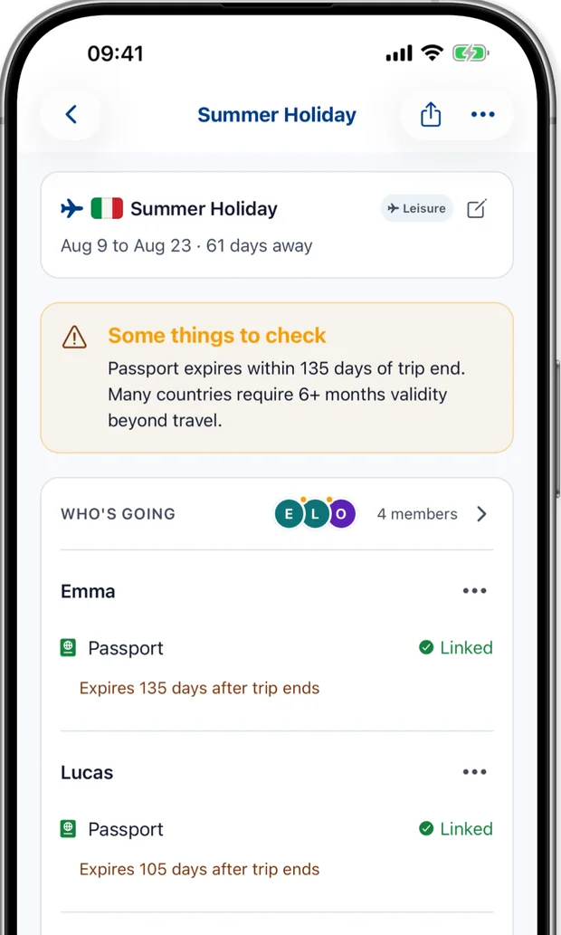 Trip screen warning that a passport expires within 135 days of the trip ending