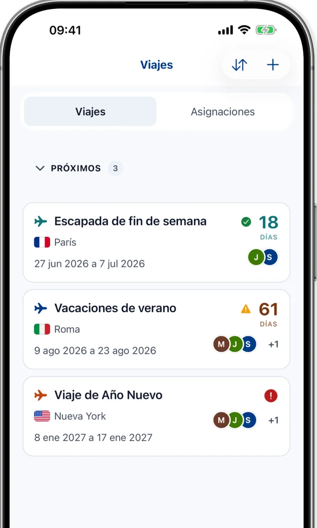 Pantalla de Viajes mostrando próximos viajes, cada uno con un estado listo, verificación o acción necesaria