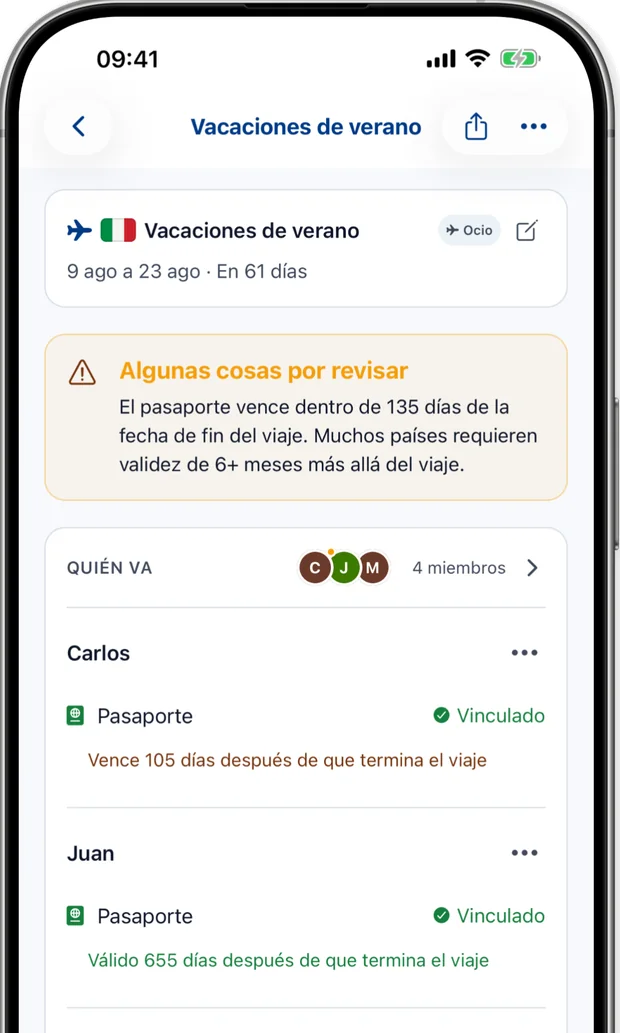 Pantalla de Viaje advirtiendo que un pasaporte caduca dentro de 135 días después de que termine el viaje