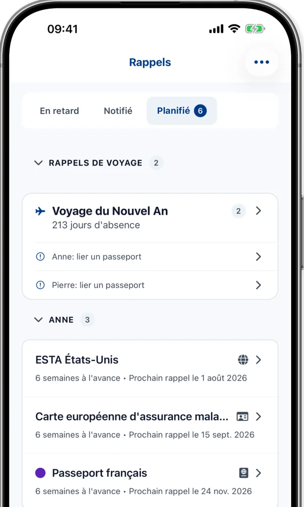 Écran Rappels listant les avis à venir avec plusieurs semaines d'avance pour chaque personne
