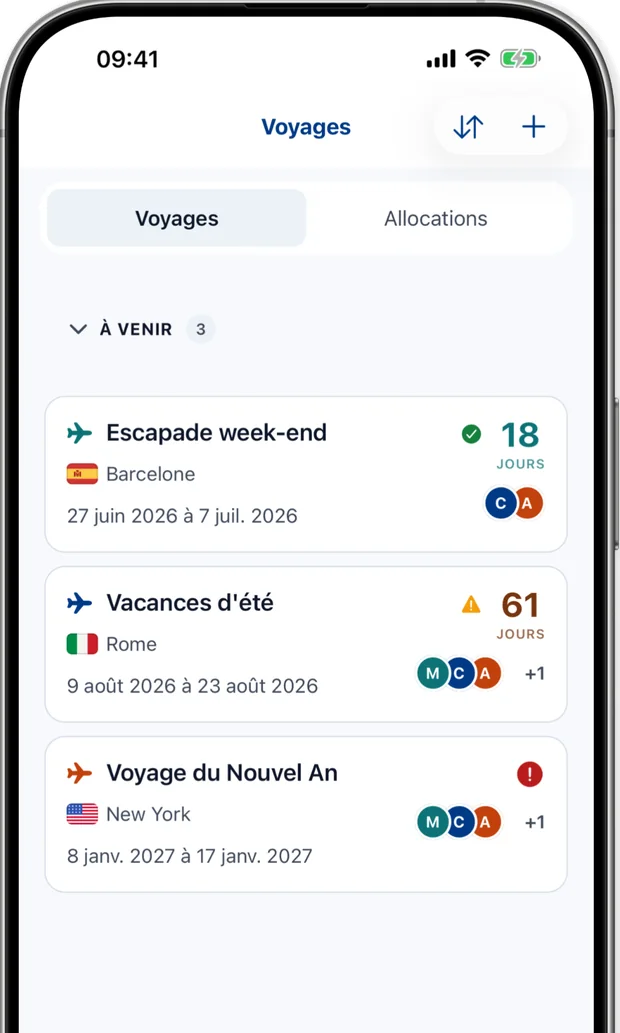 Écran Voyages listant les voyages à venir, chacun avec un état prêt, vérification ou action requise