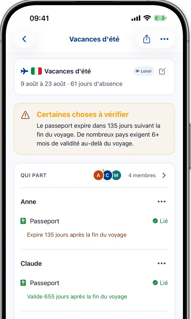 Écran Voyage alertant que le passeport expire dans 135 jours après la fin du voyage