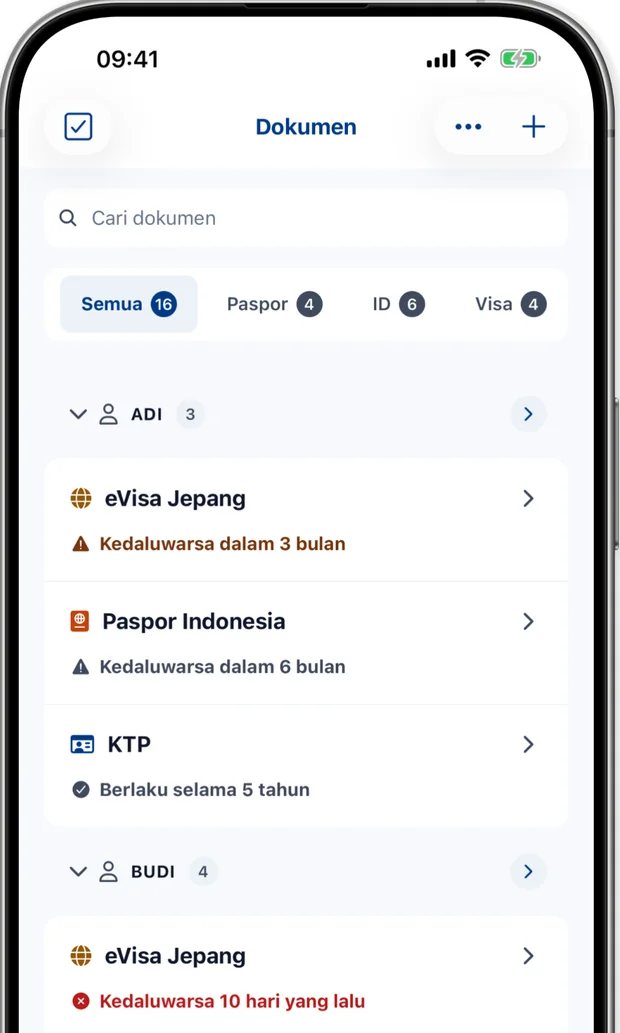 Layar dokumen yang mencantumkan paspor, KTP, dan visa keluarga, masing-masing dengan status kadaluarsa