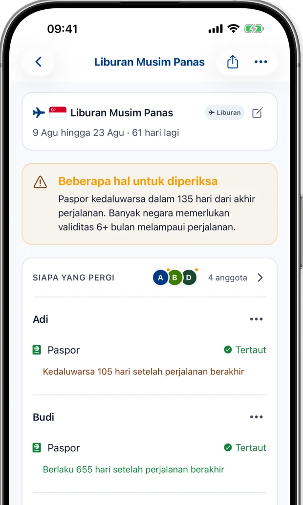 Layar perjalanan yang memperingatkan paspor kadaluarsa dalam 135 hari setelah perjalanan berakhir