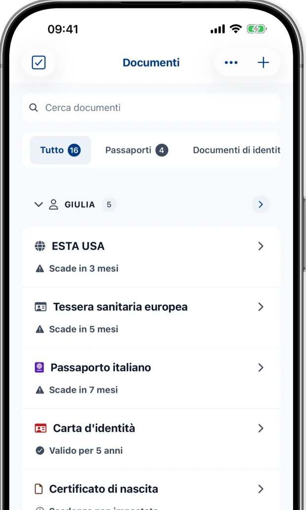 Schermata Documenti che elenca passaporti, ID e visti della famiglia, ognuno con il suo stato di scadenza