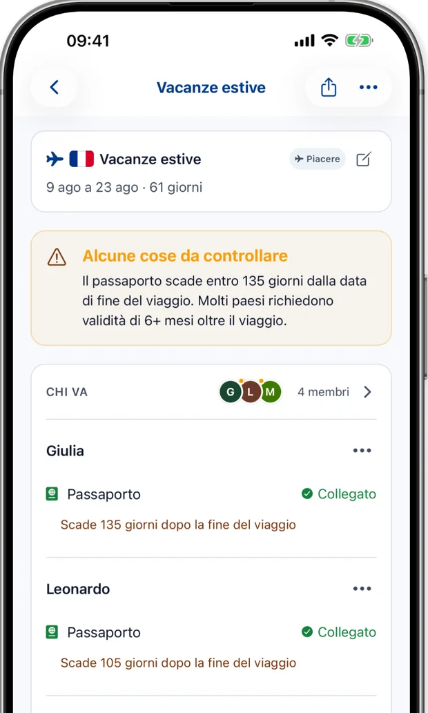 Schermata Viaggio che avverte che un passaporto scade entro 135 giorni dalla fine del viaggio