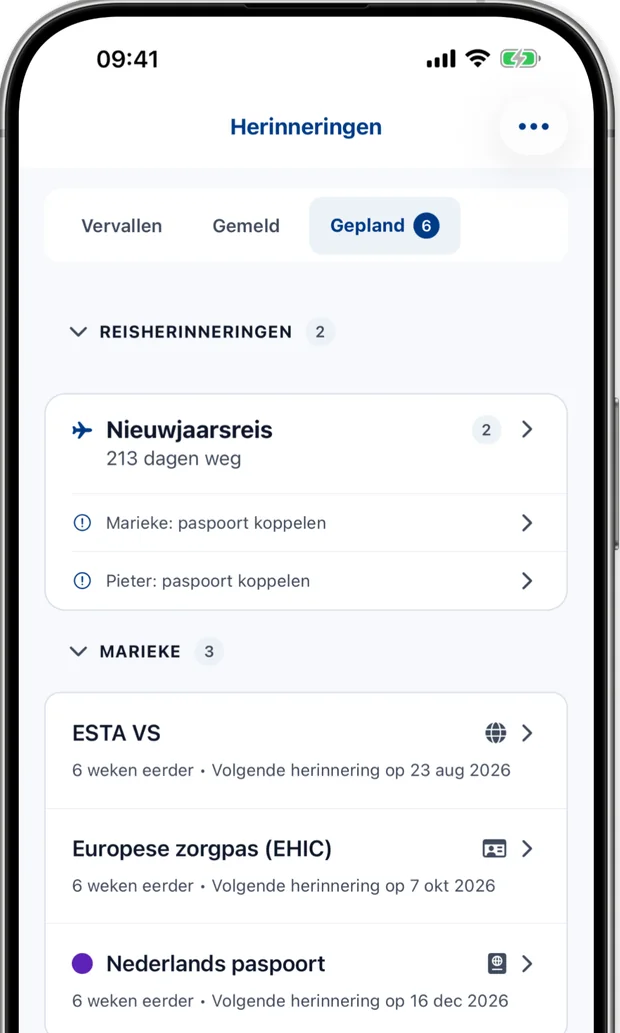 Meldingenscherm met komende meldingen en weken voorbereiding voor elk gezinslid
