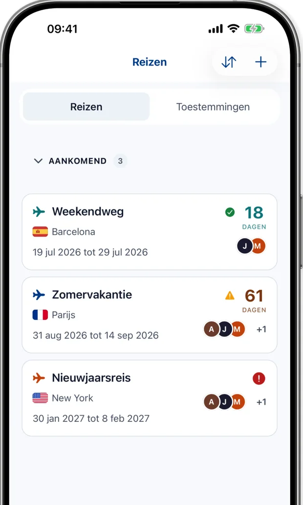 Reisscherm met komende reizen, elk met gereed, controle of actie nodig staat