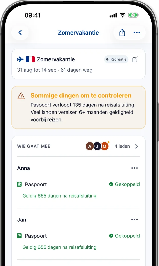 Reisscherm met waarschuwing dat een paspoort binnen 135 dagen na eind van reis verloopt
