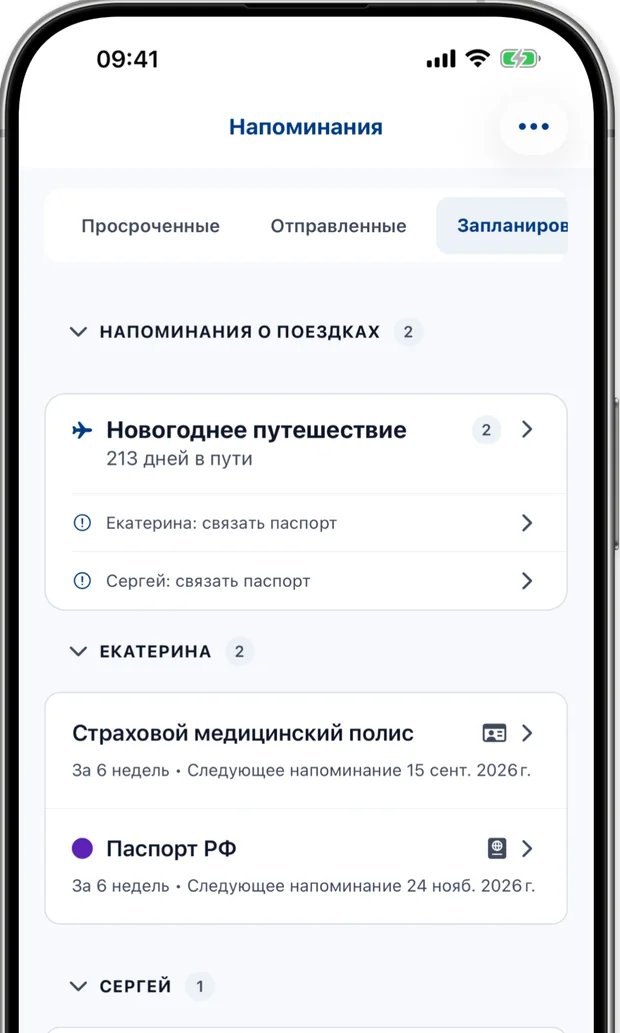 Экран напоминаний со списком предстоящих уведомлений с недельным сроком для каждого человека