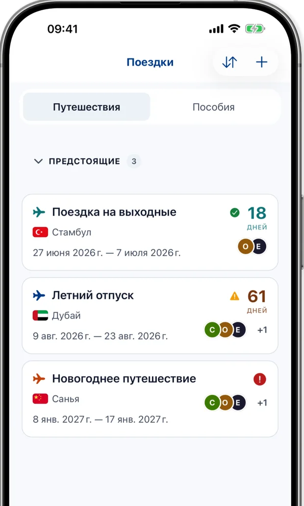 Экран поездок со списком предстоящих поездок со статусом готовности, проверки или требуемого действия