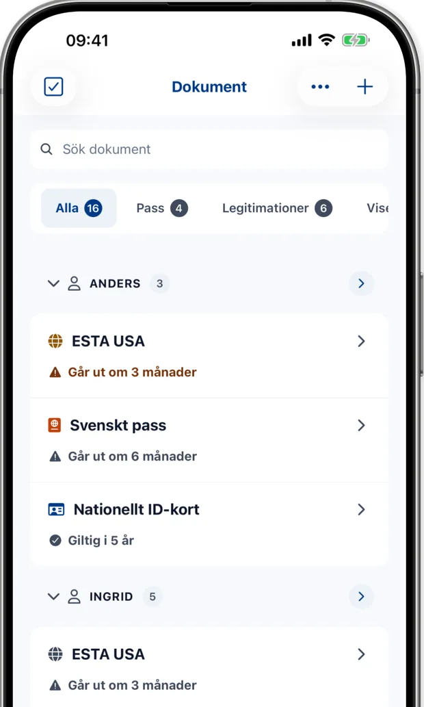 Dokumentskärmen visar familjens pass, ID-handlingar och visum, var och en med dess utgångsstatus