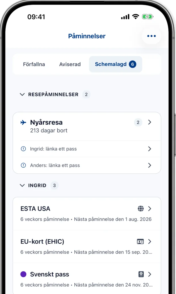 Påminnelseskärmen visar kommande meddelanden med veckors framförhållning för varje person