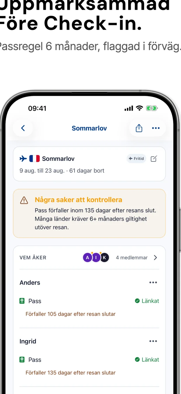 Tripsskärmen varnar för att ett pass upphör inom 135 dagar efter att resan slutar