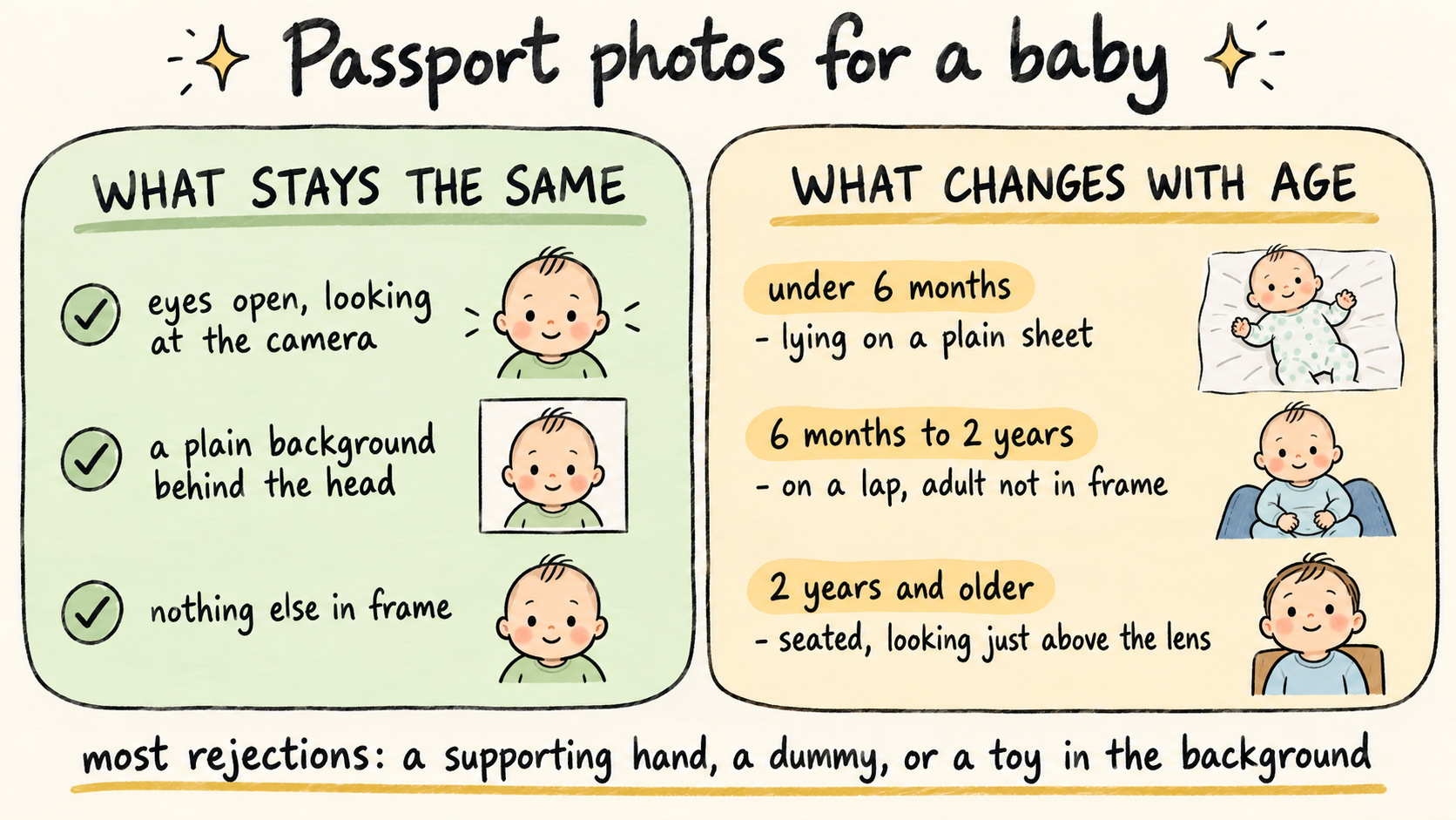 Sketchnote: what stays the same in a baby passport photo (eyes open, plain background, nothing else in frame) versus what changes by age band from under 6 months to 2 years and older, and the most common rejection causes
