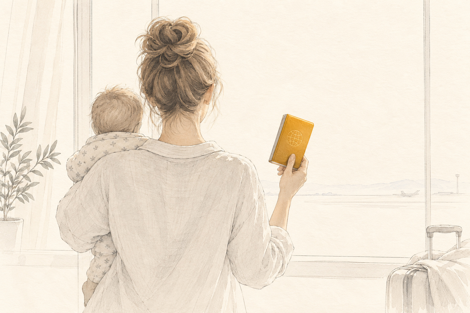 A parent seen from behind at a bright window, baby on one shoulder, holding up a single gold passport booklet