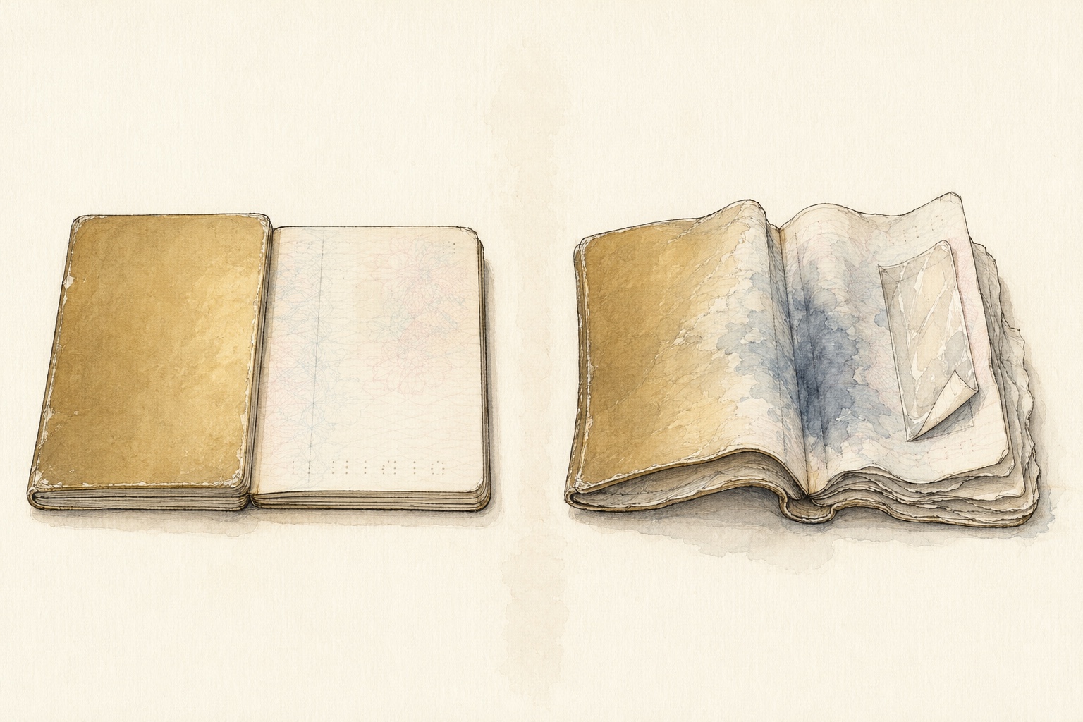 Two open passports side by side: one worn but flat and usable, one water-stained with rippled pages and lifting lamination