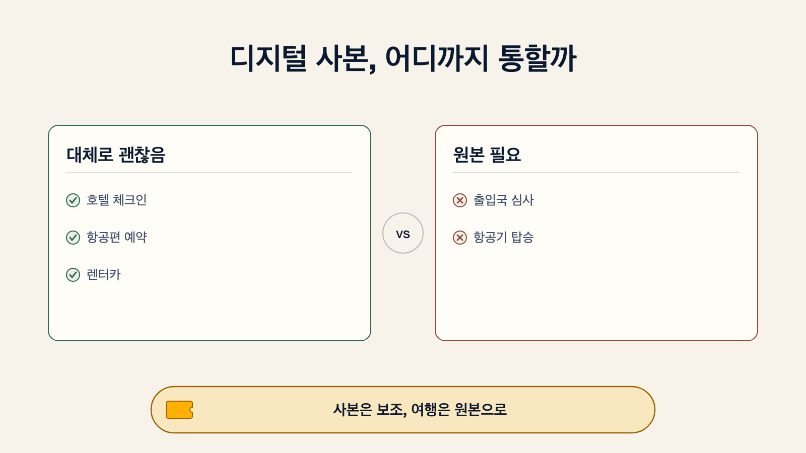 디지털 여권 사본이 통하는 곳을 보여주는 다이어그램: 호텔 체크인, 항공편 예약, 렌터카는 대체로 괜찮지만, 출입국 심사와 항공기 탑승에는 원본이 필요하다