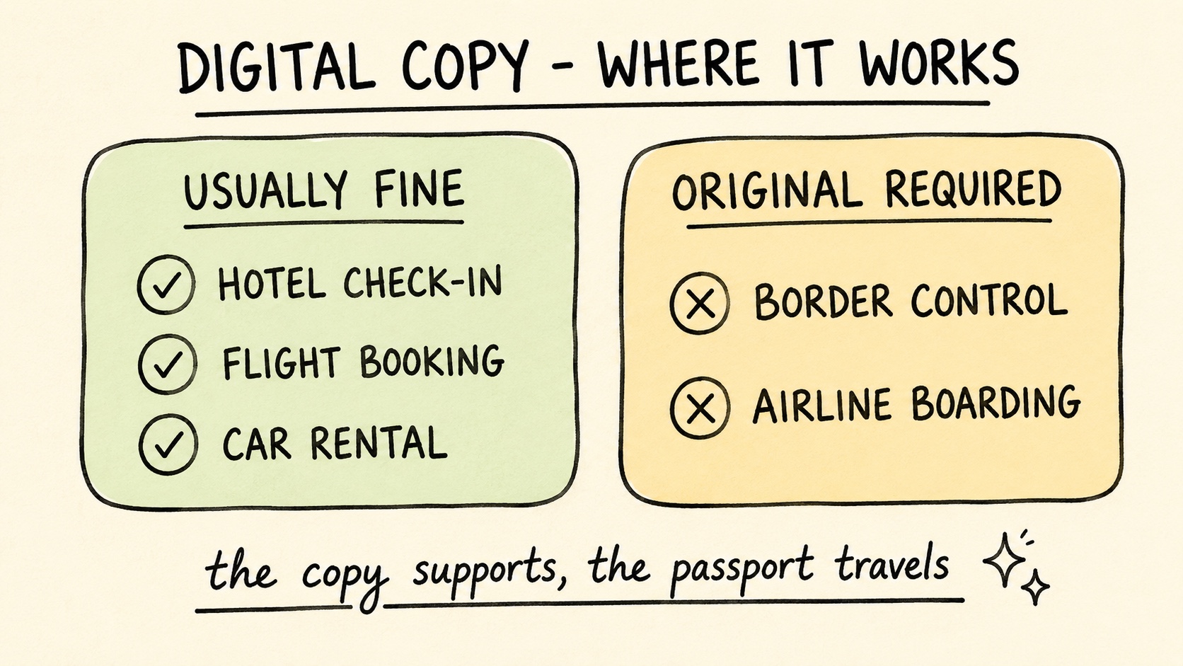 Hand-drawn chart of where a digital passport copy works: usually fine for hotel check-in, flight booking and car rental; original required at border control and airline boarding - the copy supports, the passport travels