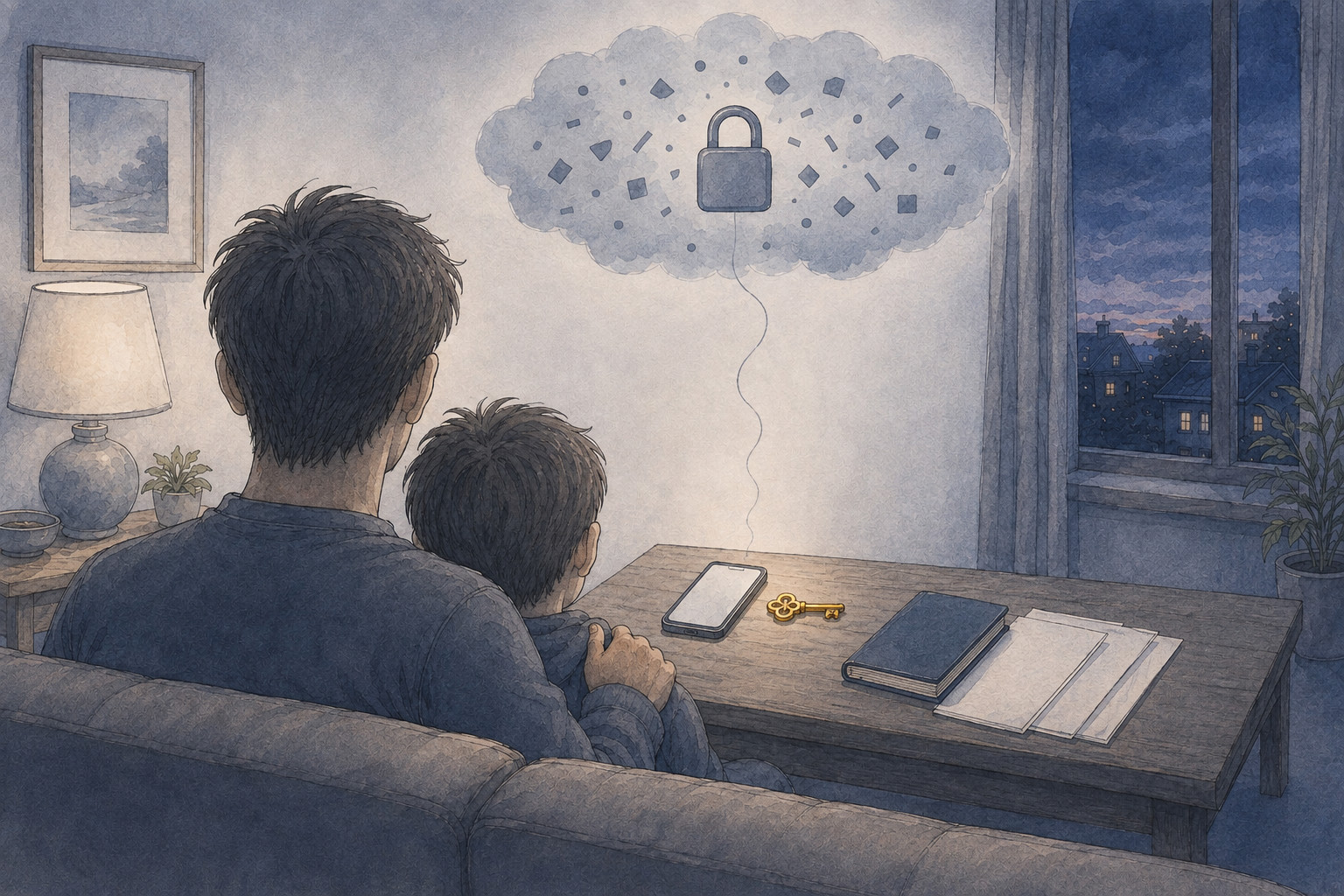 A parent and child sit together on a sofa at dusk, looking at a phone and a small gold key resting on the table beside a passport, while a cloud above holds only scrambled marks behind a padlock