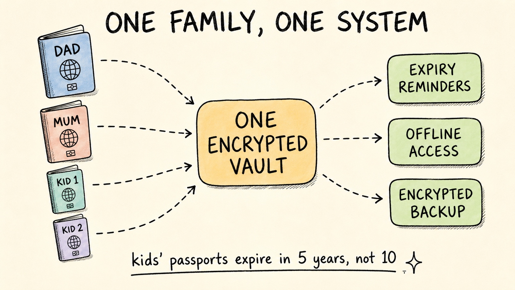 Hand-drawn diagram of one family passport system: four passports (Dad, Mum, Kid 1, Kid 2) flowing into one encrypted vault, with expiry reminders, offline access and encrypted backup flowing out, and a note that kids' passports expire in 5 years not 10