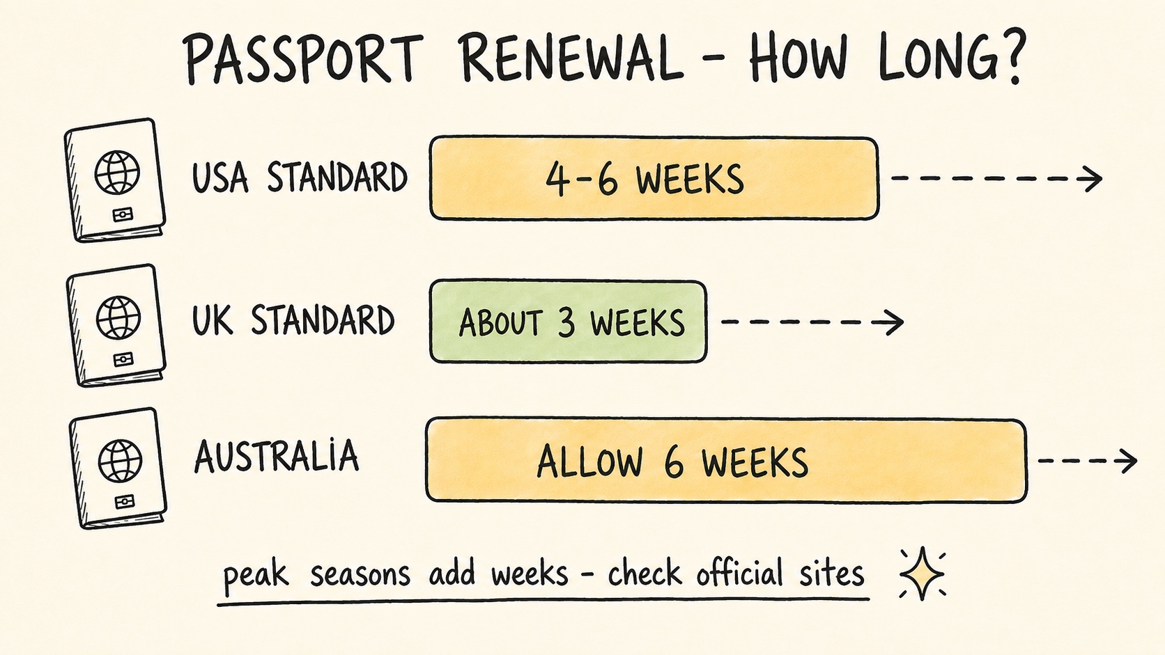 Hand-drawn comparison of standard passport renewal times: USA 4-6 weeks, UK about 3 weeks, Australia allow 6 weeks, with a note that peak seasons add weeks and to check official sites