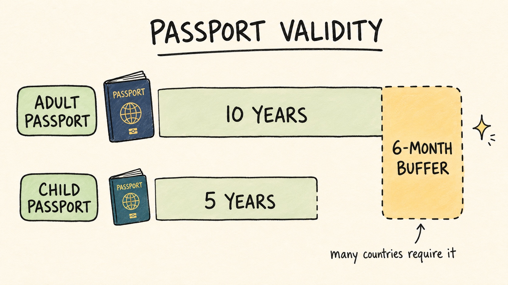 Hand-drawn timeline comparing passport validity: an adult passport runs 10 years, a child passport only 5, and a 6-month buffer zone sits at the end of both because many countries require it