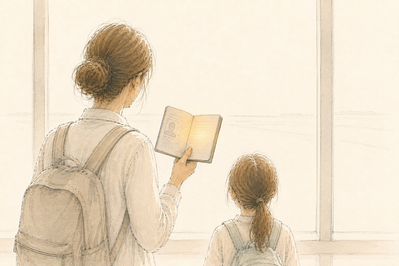 Hand-drawn sketch of a parent and child seen from behind at a bright terminal window, the parent holding an open passport at chest height with its inner page catching a warm gold glow