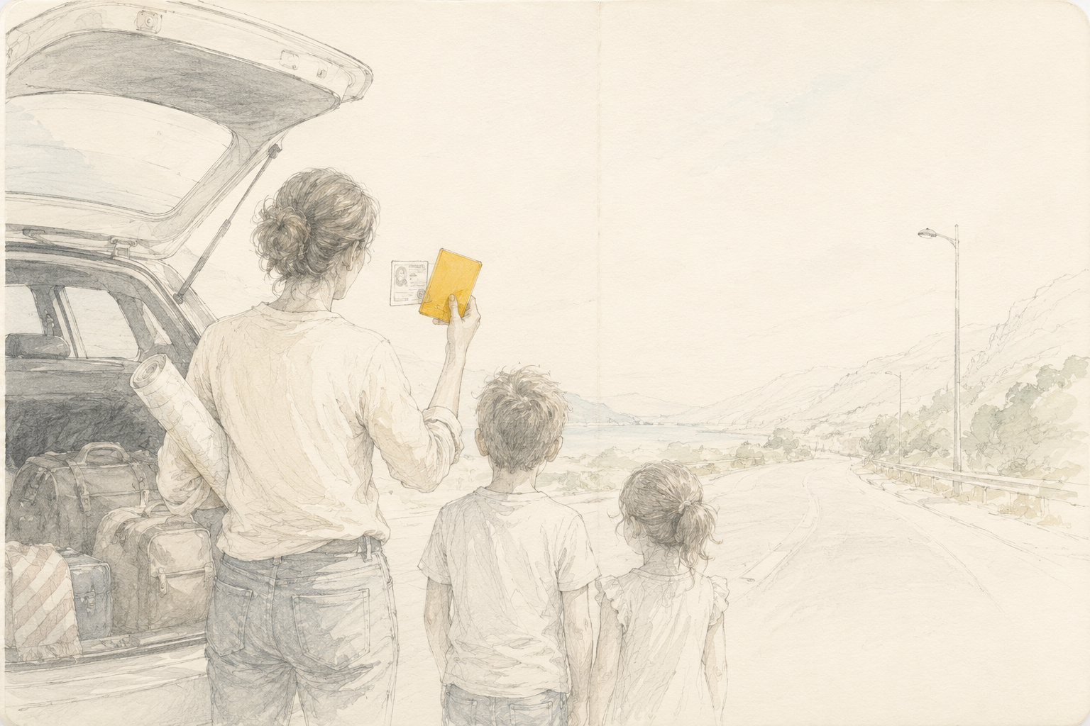 A family loading a hire car at the start of a road trip, a driving licence and International Driving Permit resting on the open map beside them