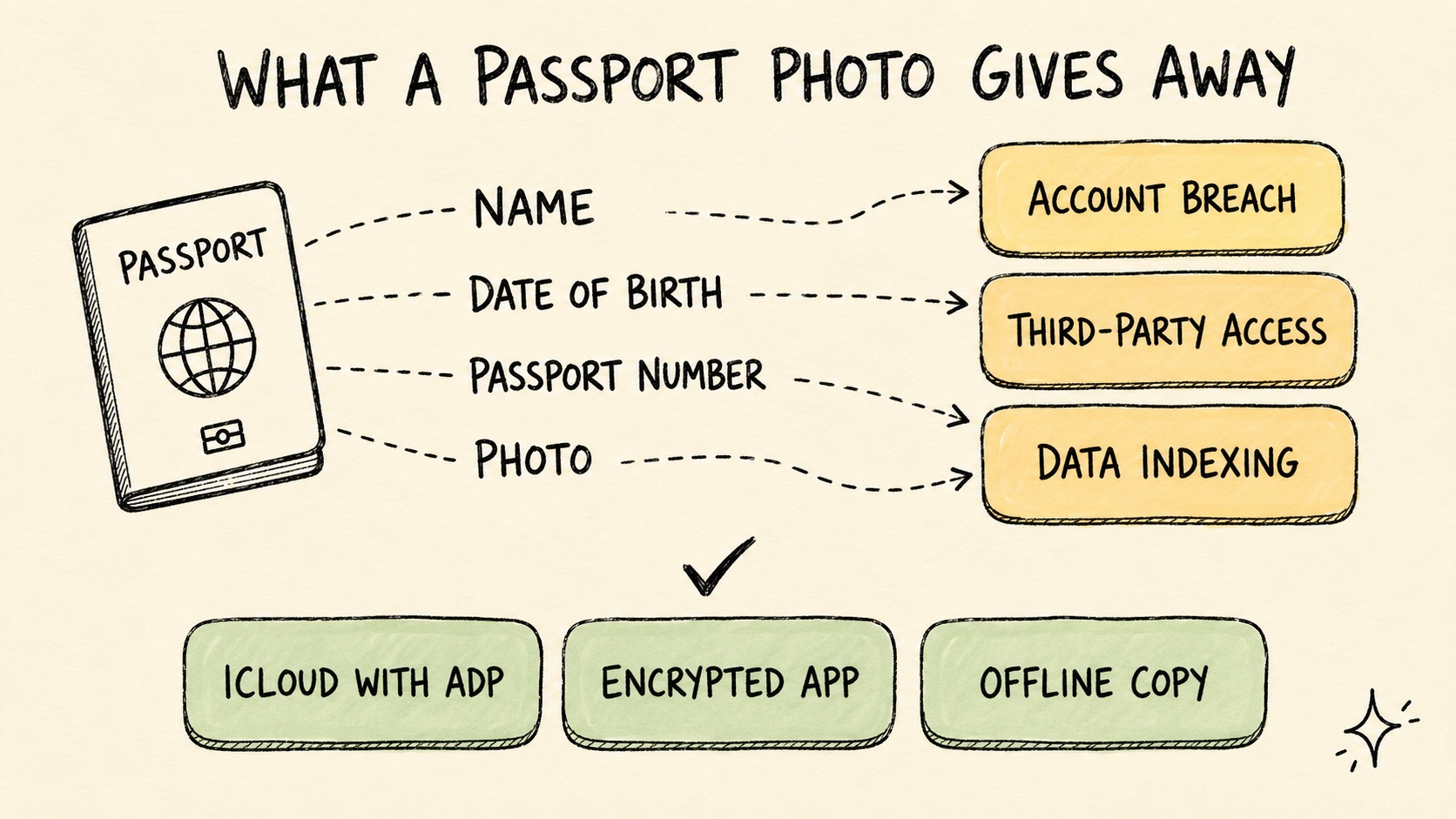 Hand-drawn diagram of what a passport photo gives away - name, date of birth, passport number and photo - flowing into three risks: account breach, third-party access and data indexing, with three safer options below: iCloud with ADP, an encrypted app, or an offline copy