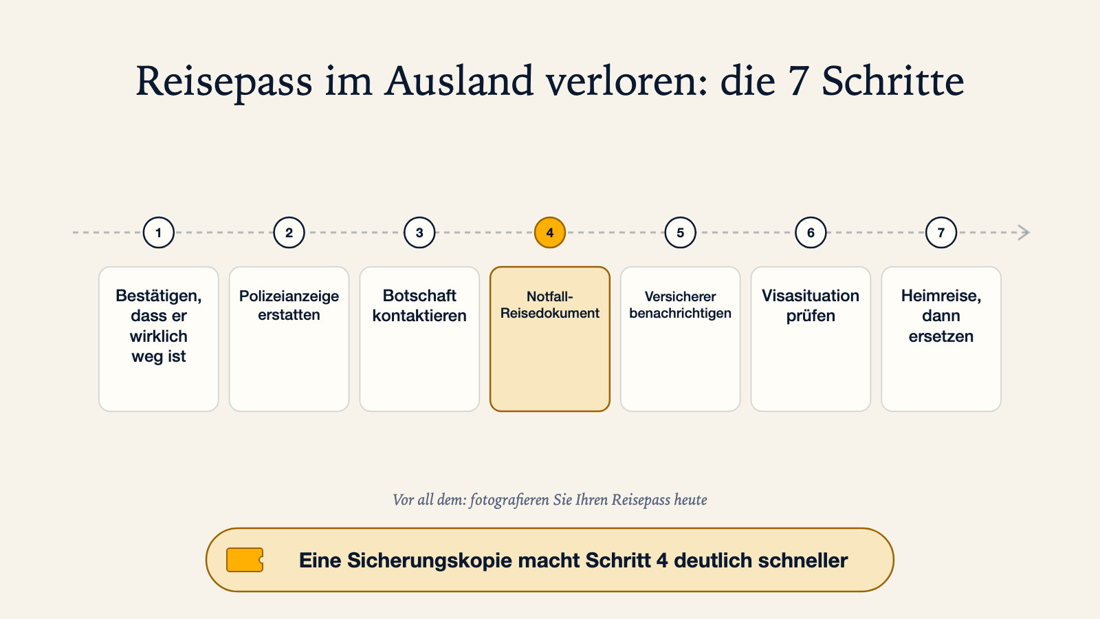 Diagramm der sieben Schritte nach einem im Ausland verlorenen Reisepass: bestätigen, dass er wirklich weg ist, Polizeianzeige erstatten, Botschaft kontaktieren, Notfallreisedokument, Versicherer benachrichtigen, Visasituation prüfen, Heimreise dann ersetzen, mit dem Hinweis, den Reisepass noch heute zu fotografieren, weil eine Sicherungskopie Schritt vier deutlich schneller macht