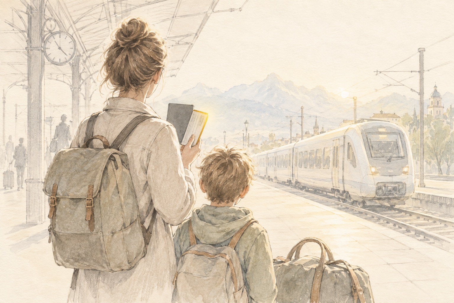 A parent and child on a sunlit railway platform holding a national ID card and a passport before a trip within Europe