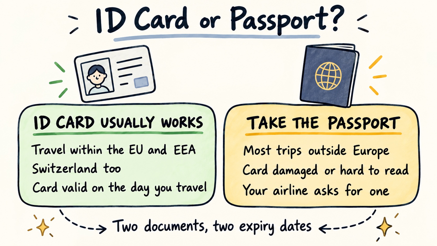Sketchnote comparing when a national ID card usually works, for travel within the EU and EEA, with when to take the passport, for most trips outside Europe or when the card is damaged