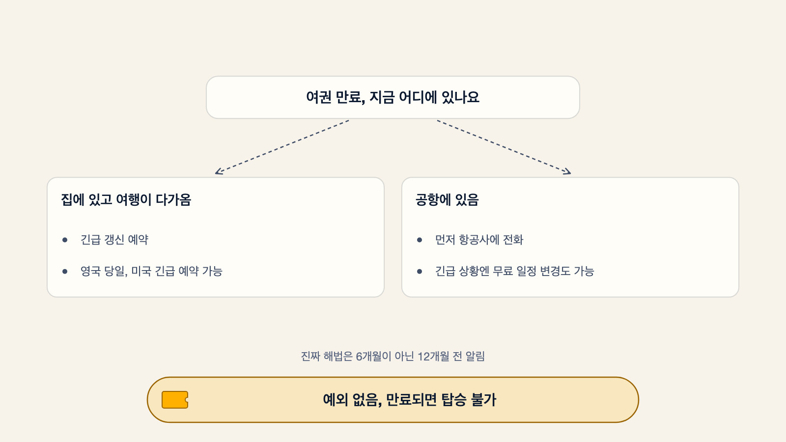 만료된 여권 상황을 보여주는 분기 다이어그램: 집에 있고 여행이 다가올 경우 긴급 갱신을 예약하며 영국 당일, 미국 긴급 예약이 가능하고, 공항에 있을 경우 먼저 항공사에 전화하면 일부는 긴급 상황에 무료로 일정을 변경해준다. 진짜 해법은 6개월이 아닌 12개월 전 알림이며, 만료되면 예외 없이 탑승할 수 없다
