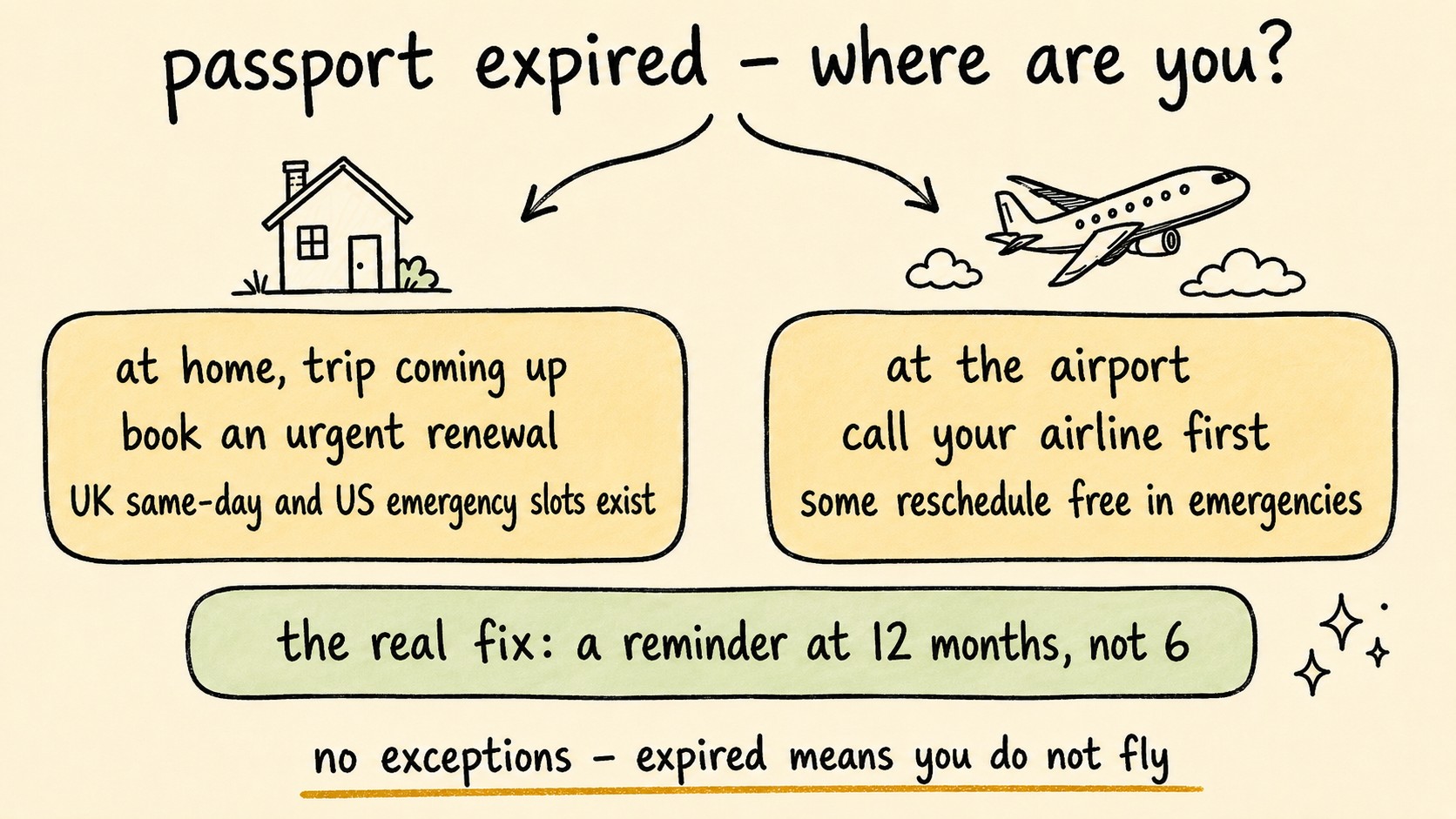 Hand-drawn branch diagram for an expired passport: at home with a trip coming up, book an urgent renewal (UK same-day and US emergency slots exist); at the airport, call your airline first as some reschedule free in emergencies. The real fix is a reminder at 12 months, not 6 - expired means you do not fly