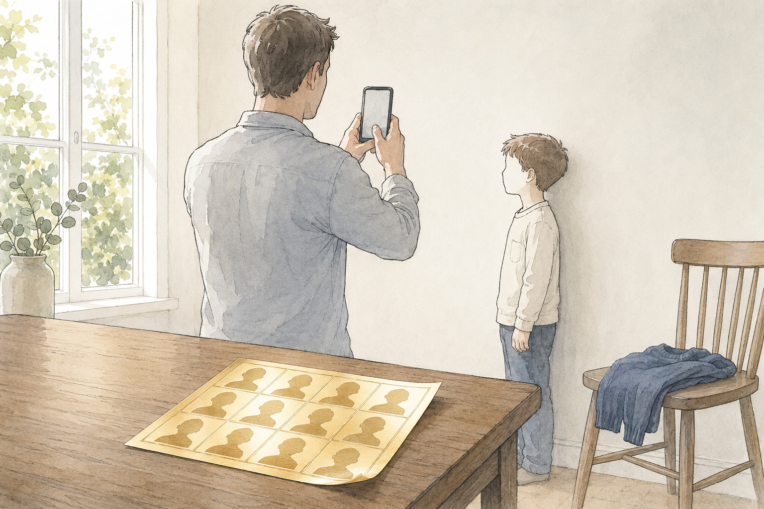 father photographing his young son against a plain wall in window light, a printed sheet of passport photos on the table in front of them