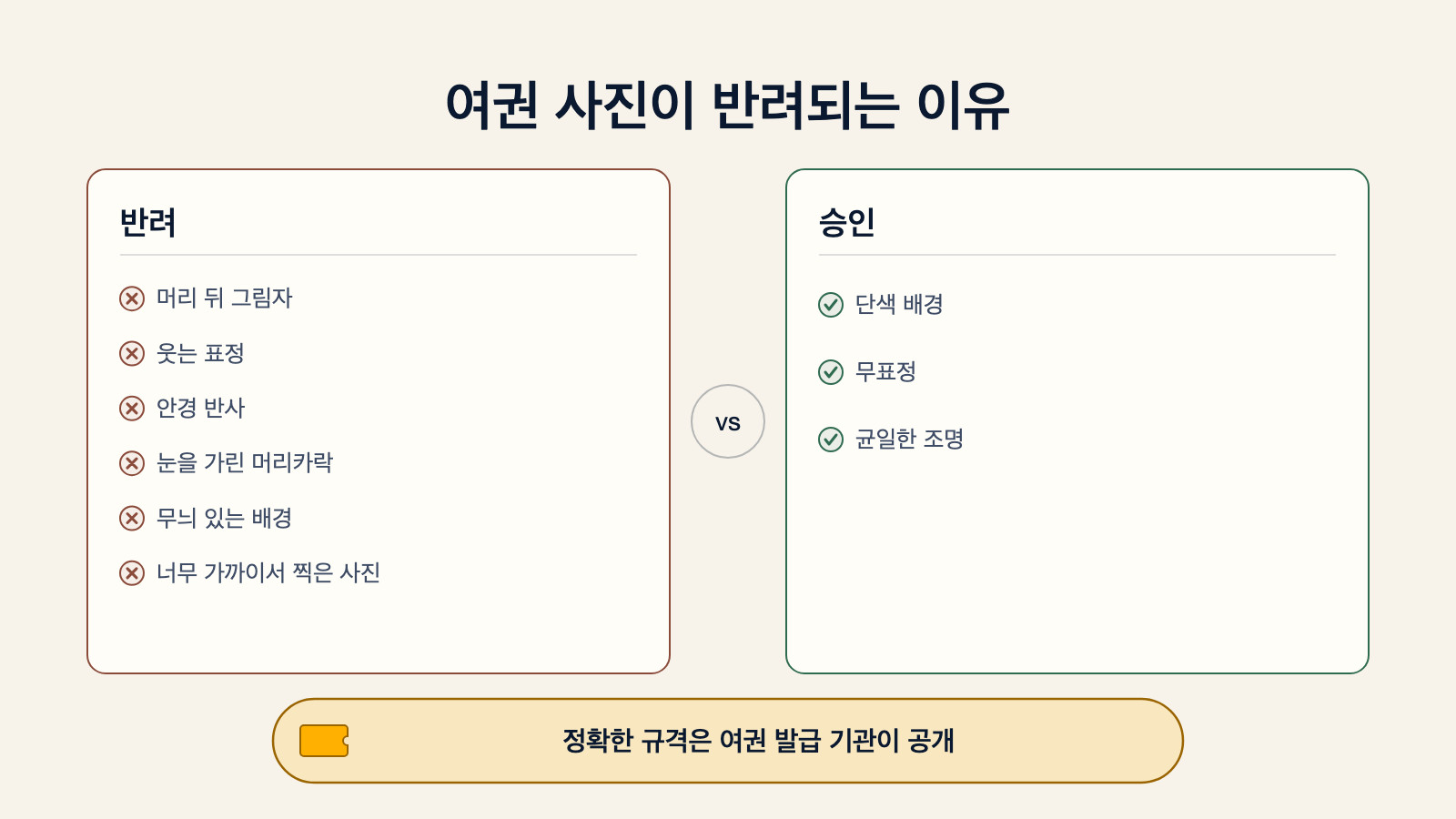 반려되는 여권 사진 여섯 가지(머리 뒤 그림자, 웃는 표정, 안경 반사, 눈을 가린 머리카락, 무늬 있는 배경, 너무 가까운 사진)와 승인되는 사진 한 장(단색 배경, 무표정, 균일한 조명)을 보여주는 다이어그램