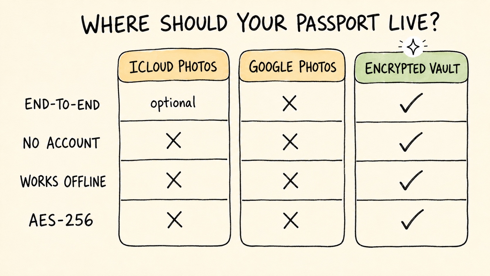 Hand-drawn comparison chart asking where should your passport live: iCloud Photos offers optional end-to-end encryption but needs an account and sync, Google Photos misses all four criteria, an encrypted vault ticks end-to-end, no account, works offline and AES-256